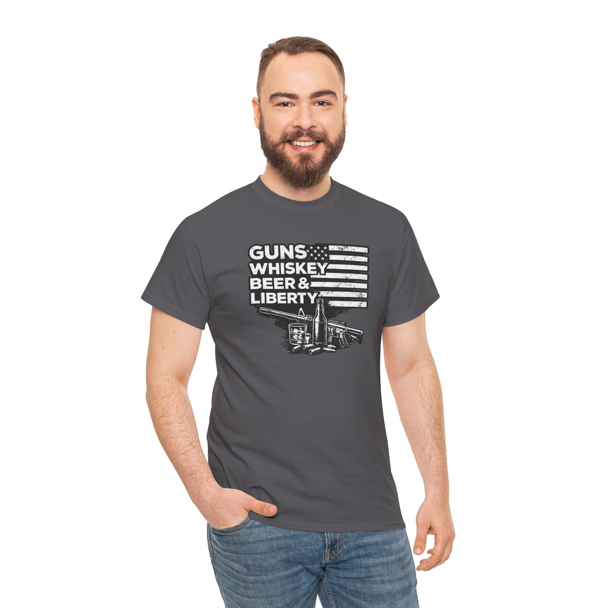 T-Shirt — "Guns, Whiskey, Beer & Liberty" Vintage Americana Design