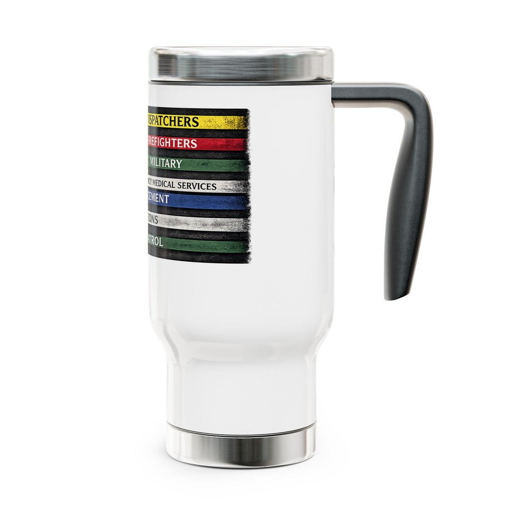 First Responder Tribute Travel Mug – Thin Line Flag for Dispatchers, Firefighters, EMS, Law Enforcement & Border Patrol (14oz)