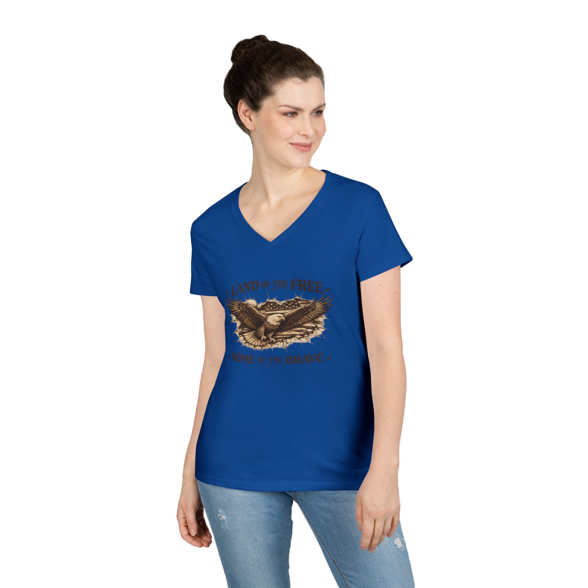 Patriotic Eagle V-Neck Tee — "Land of the Free, Home of the Brave"