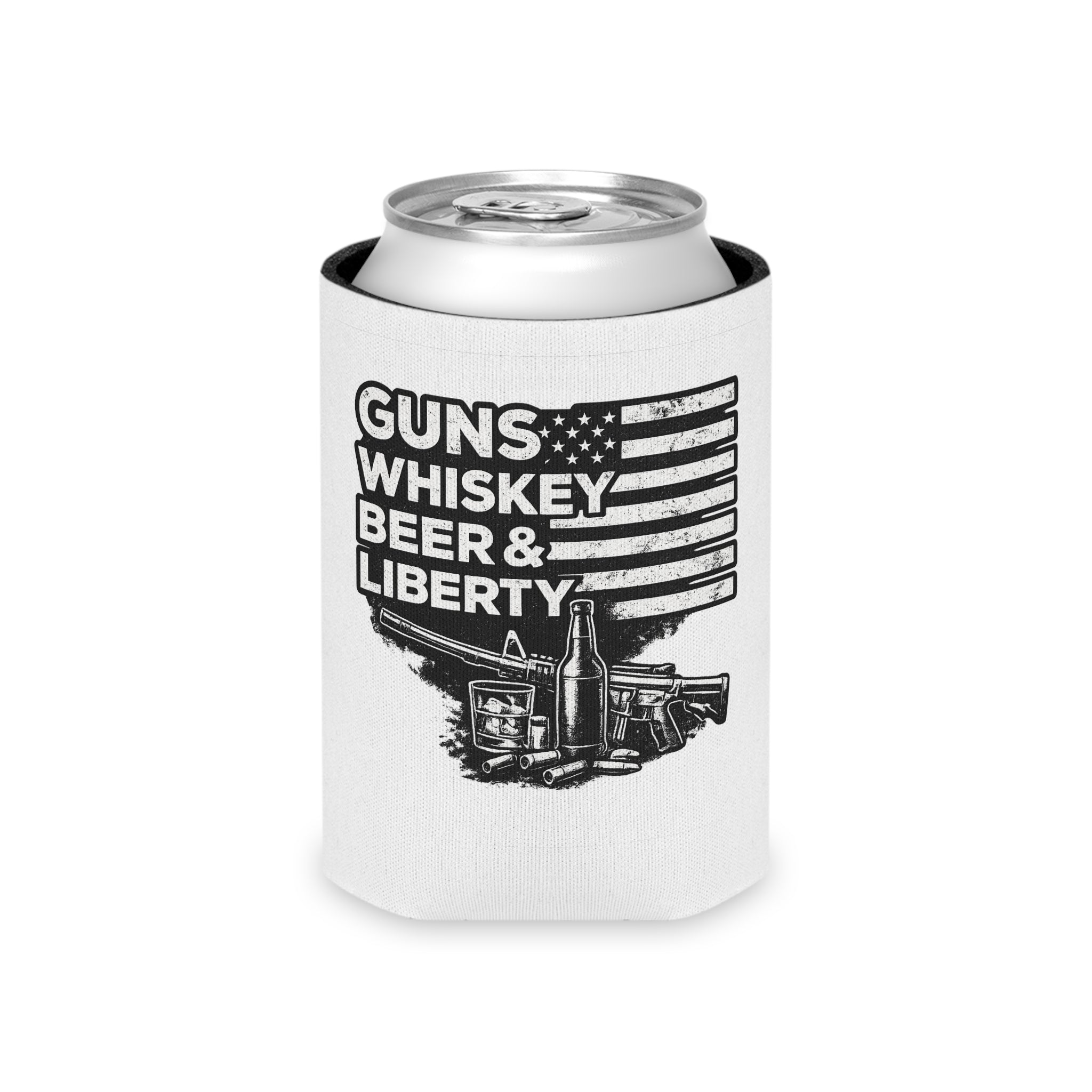 Can Cooler — "Guns Whiskey Beer & Liberty" Patriotic Outdoor Drink Koozie