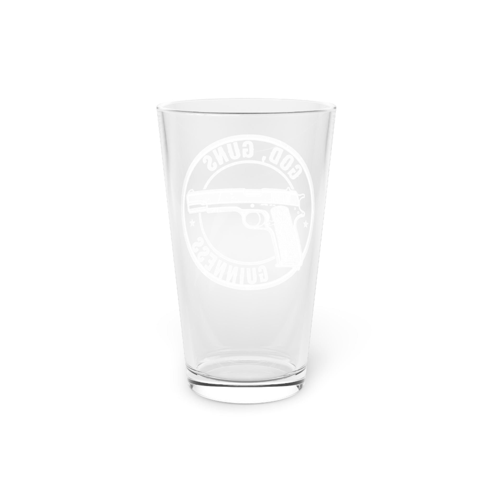 Pint Glass — God, Guns, Guinness Vintage-Style Beer Glass (16 oz)