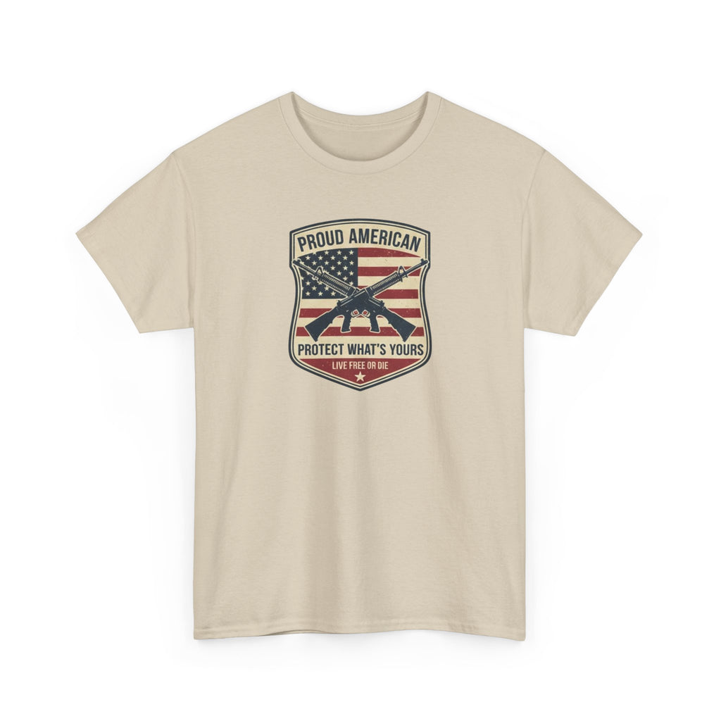 Patriotic Rifle Shield T‑Shirt — "Proud American Protect What’s Yours"
