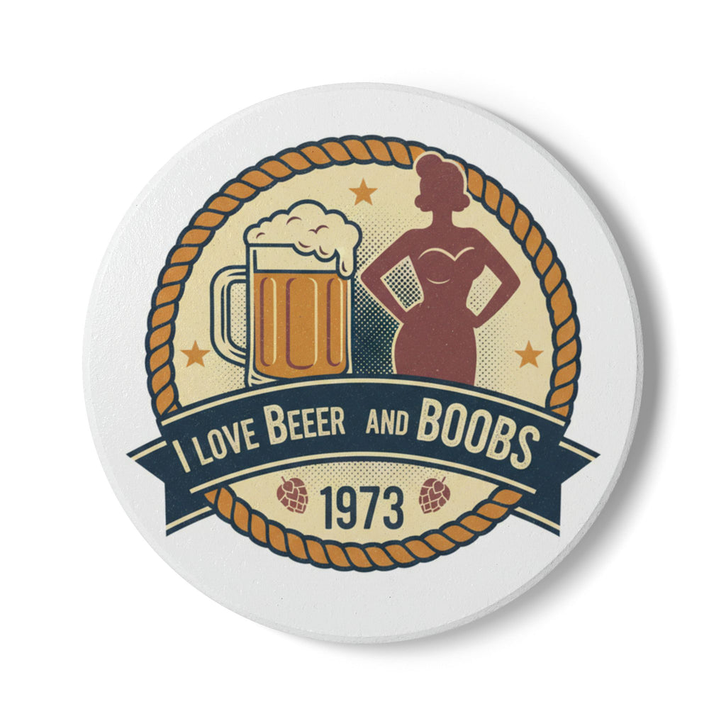 Vintage 'I Love Beer and Boobs 1973' Ceramic Coaster – Retro Bar & Man Cave Drink Mat