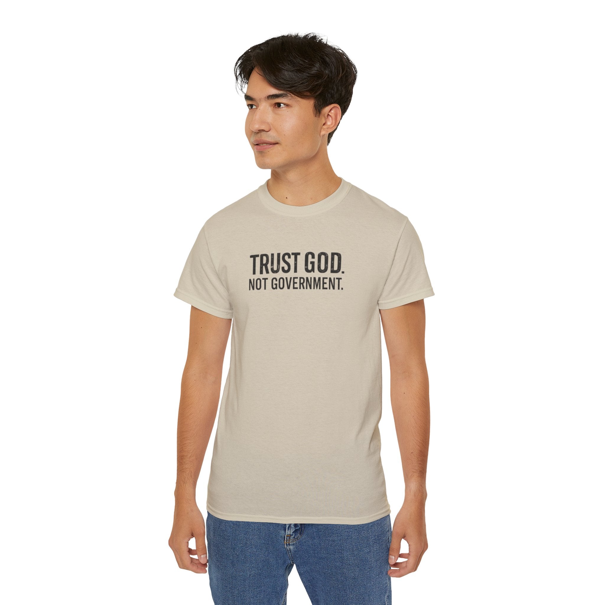 T-Shirt — "Trust God. Not Government." Patriotic American Flag Tee