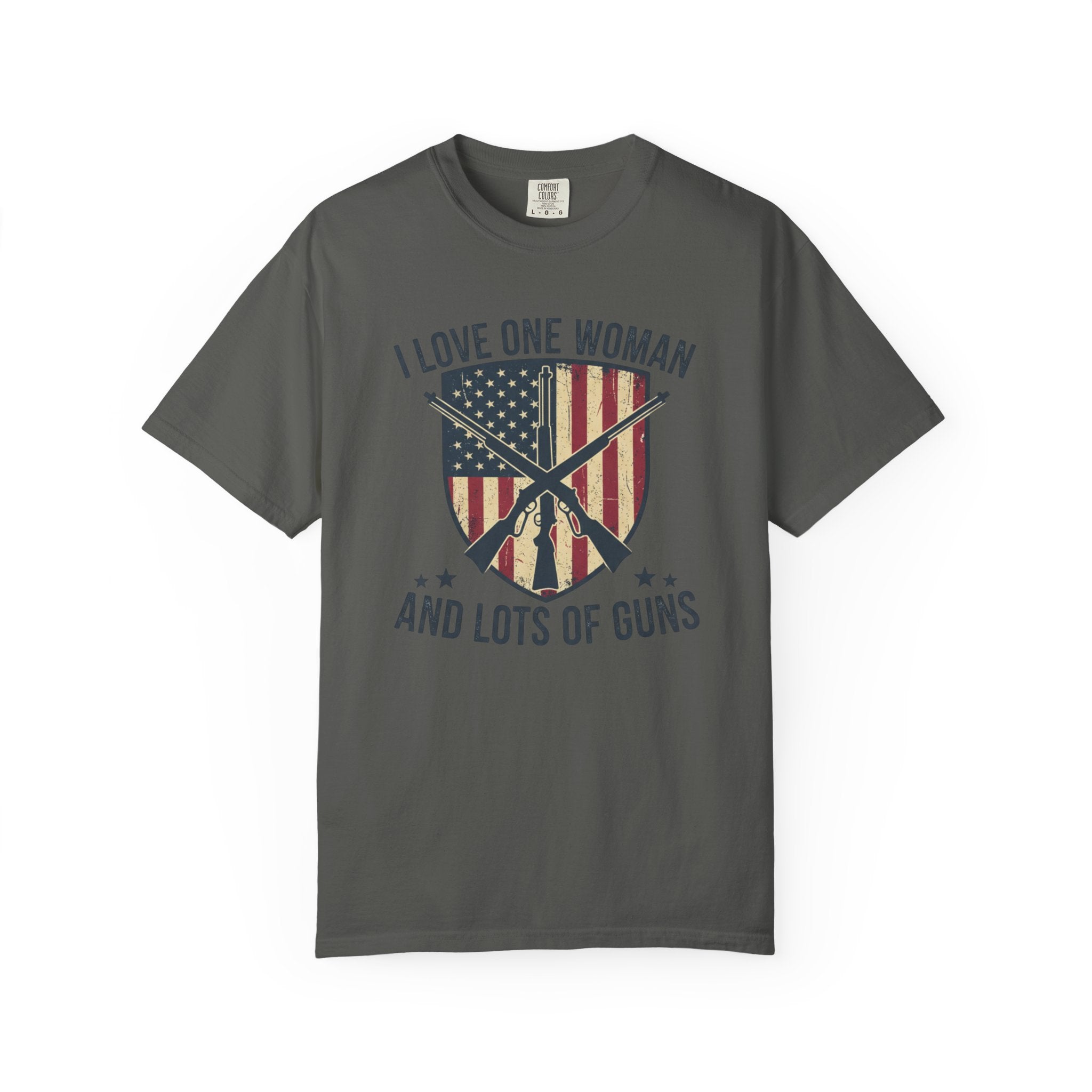 I Love One Woman And Lots Of Guns T-Shirt — American Flag Shield Patriotic Gun Lover Tee