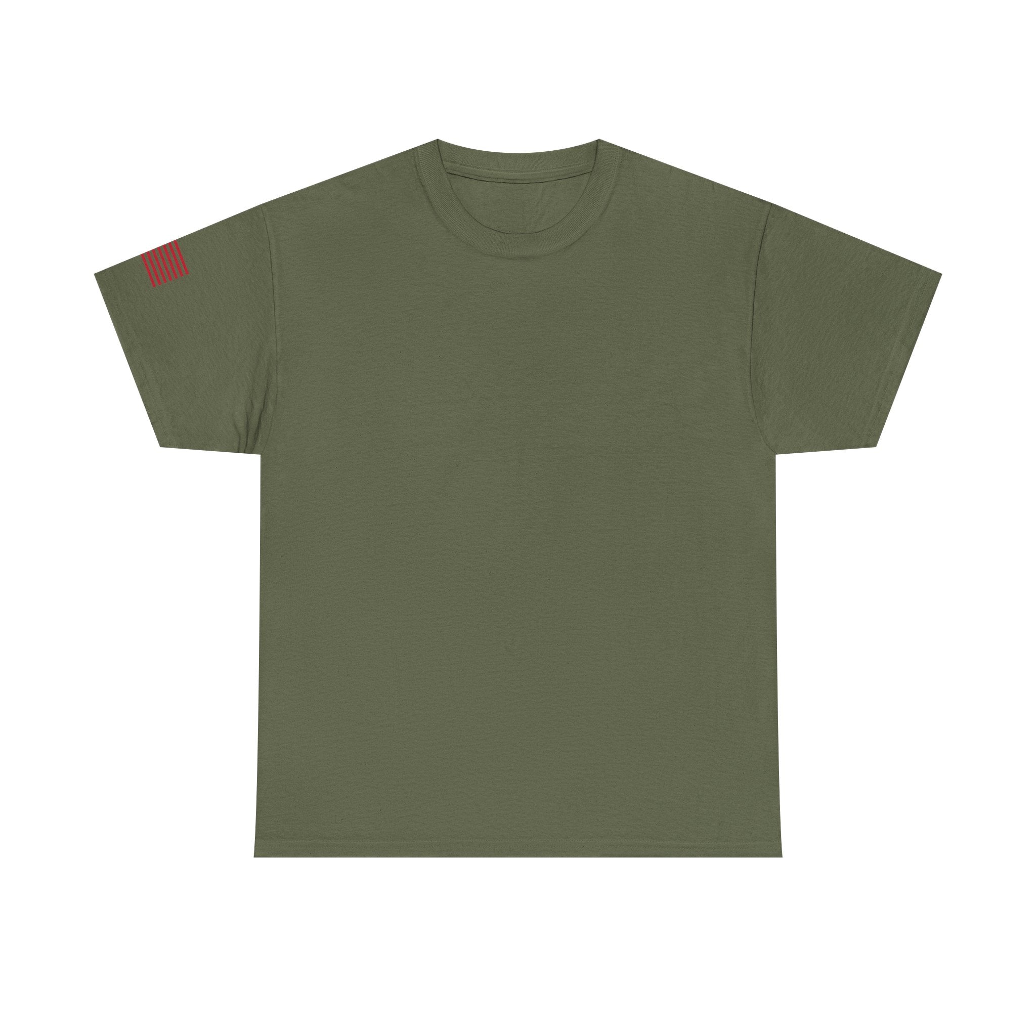 Skull Flag T-Shirt — Military Helmet, Crossed Rifles & Distressed American Flag Back Print