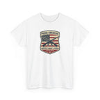 Patriotic Rifle Shield T‑Shirt — "Proud American Protect What’s Yours"