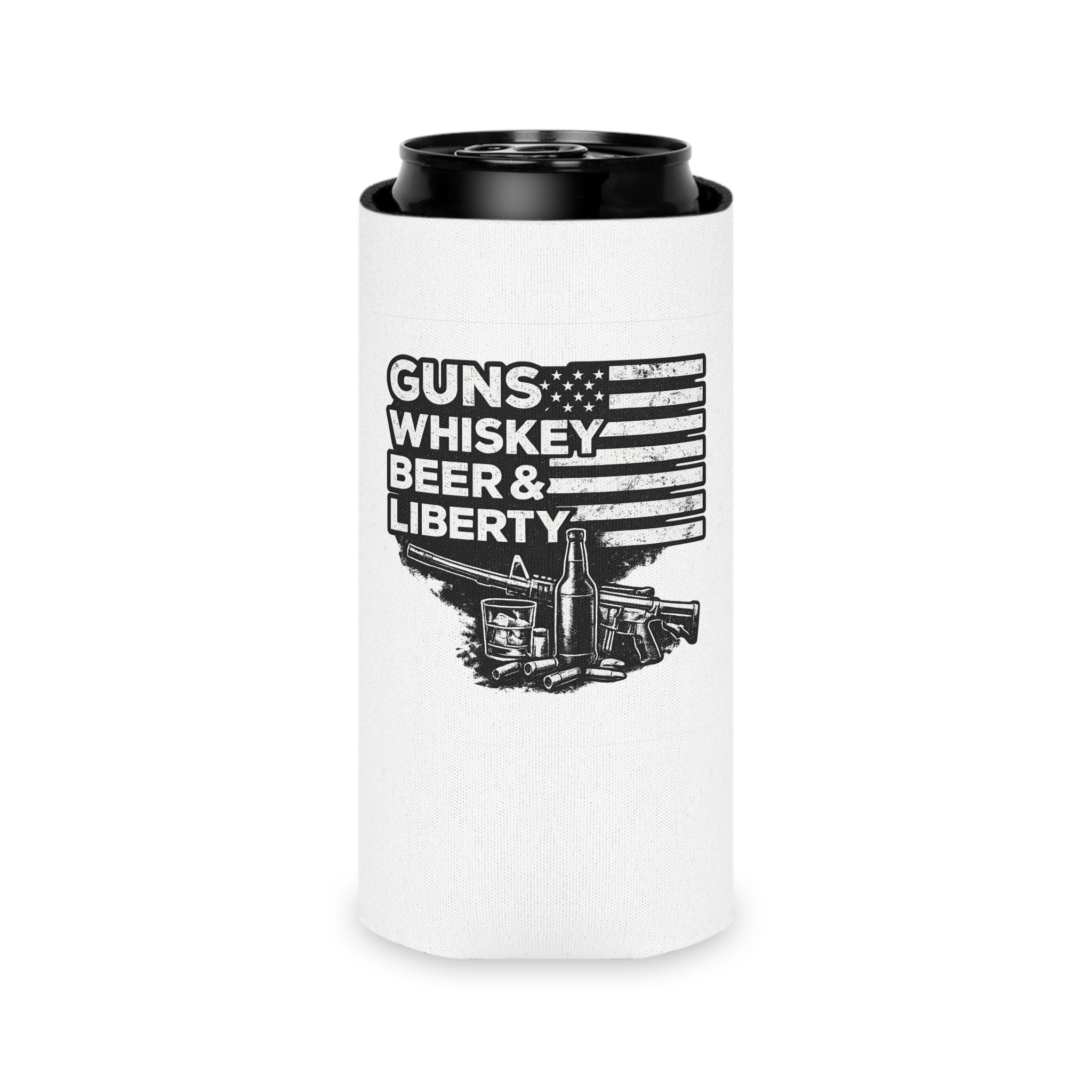 Can Cooler — "Guns Whiskey Beer & Liberty" Patriotic Outdoor Drink Koozie
