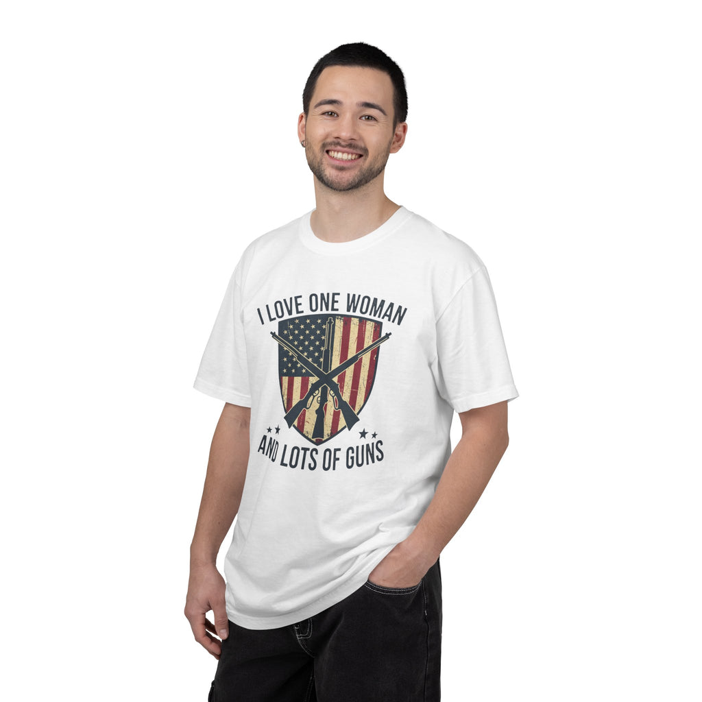 I Love One Woman And Lots Of Guns T-Shirt — American Flag Shield Patriotic Gun Lover Tee