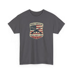 Patriotic Rifle Shield T‑Shirt — "Proud American Protect What’s Yours"