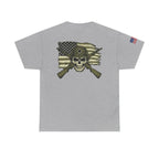 Skull Flag T-Shirt — Military Helmet, Crossed Rifles & Distressed American Flag Back Print