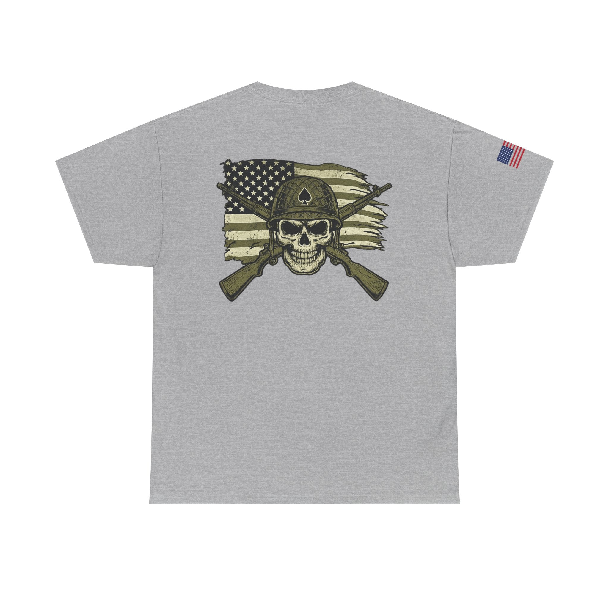 Skull Flag T-Shirt — Military Helmet, Crossed Rifles & Distressed American Flag Back Print