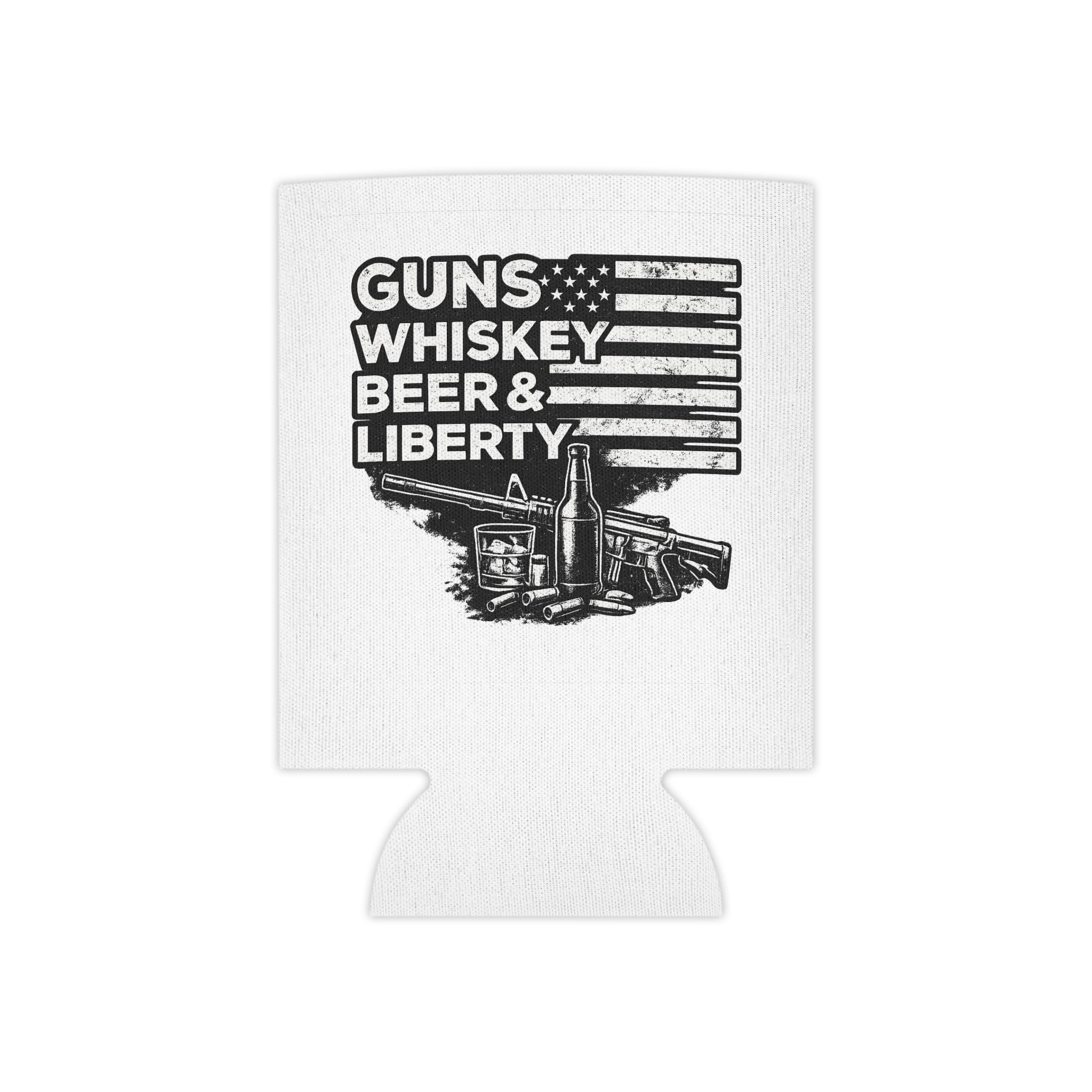 Can Cooler — "Guns Whiskey Beer & Liberty" Patriotic Outdoor Drink Koozie