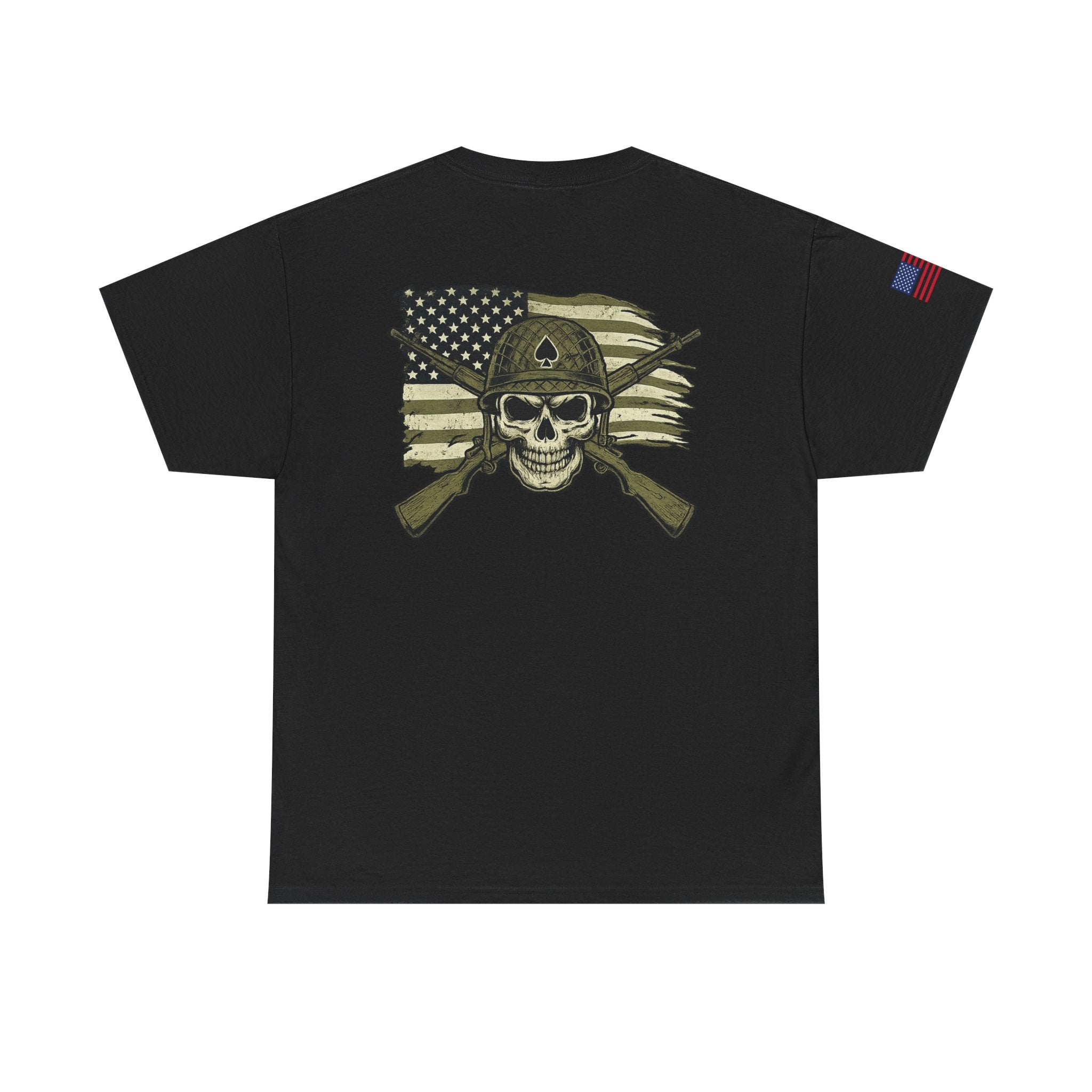 Skull Flag T-Shirt — Military Helmet, Crossed Rifles & Distressed American Flag Back Print