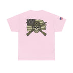 Skull Flag T-Shirt — Military Helmet, Crossed Rifles & Distressed American Flag Back Print