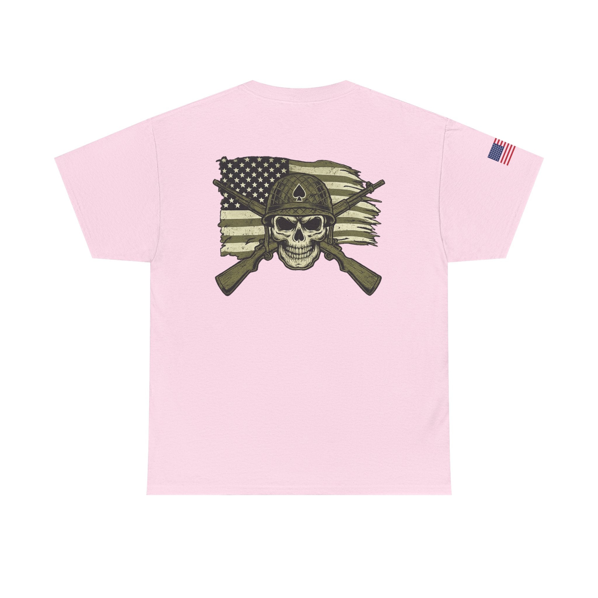 Skull Flag T-Shirt — Military Helmet, Crossed Rifles & Distressed American Flag Back Print