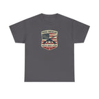 Patriotic Rifle Shield T‑Shirt — "Proud American Protect What’s Yours"