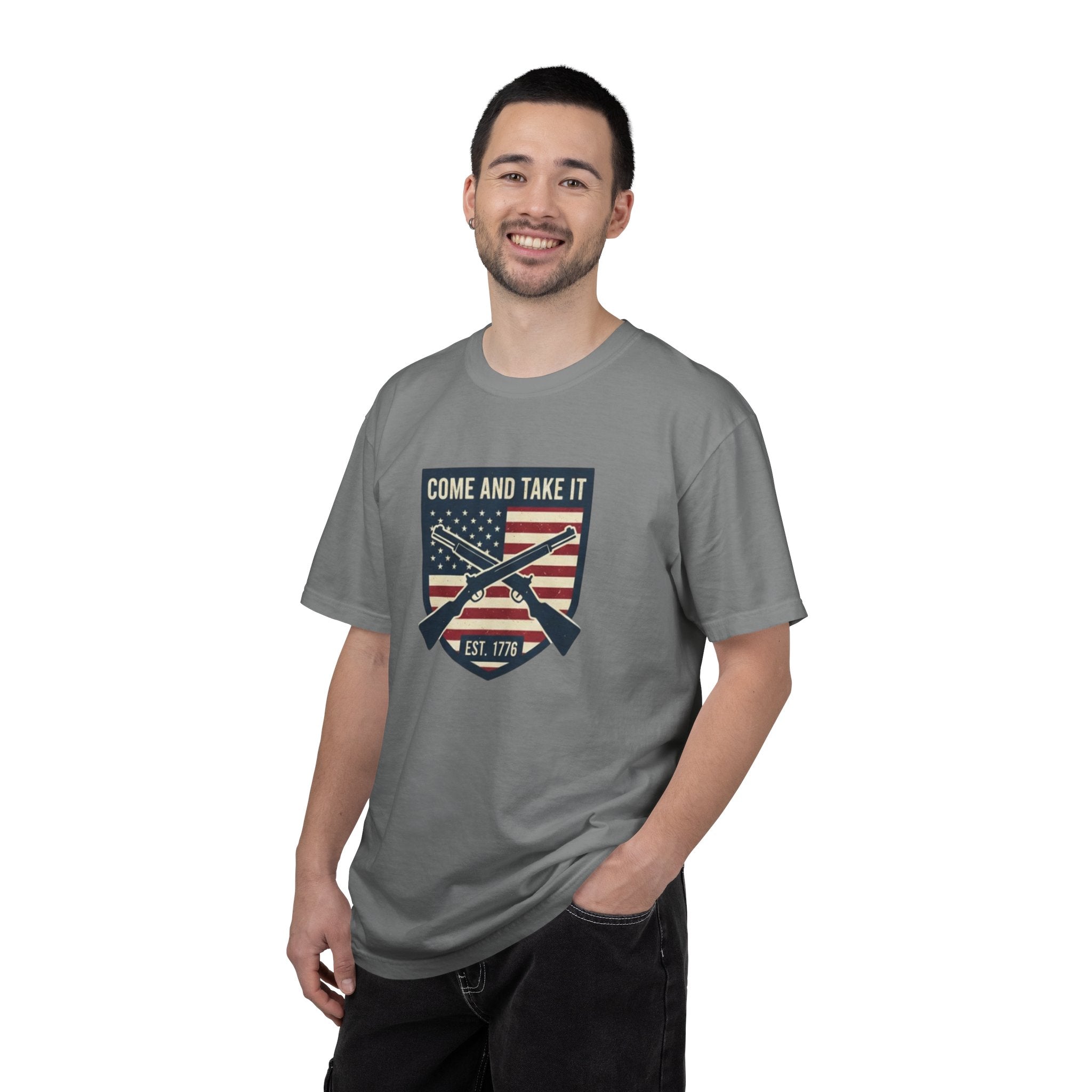 Come and Take It T-Shirt — American Flag Rifle Badge Tee