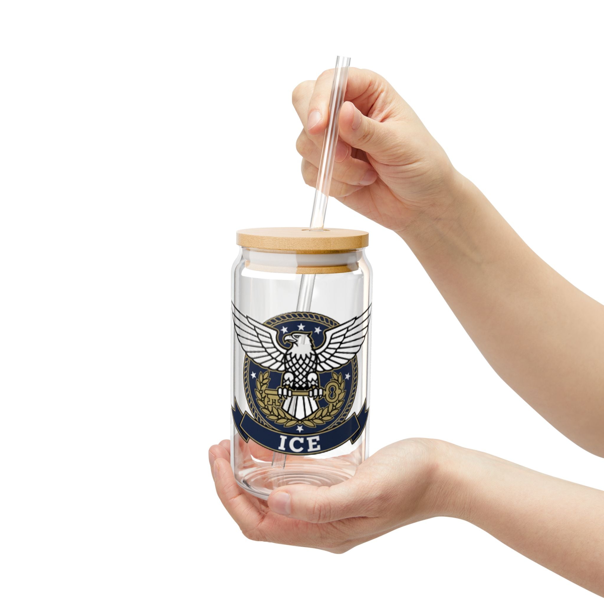 16oz Eagle Crest Sipper Glass with Bamboo Lid & Straw - Patriotic ICE Emblem