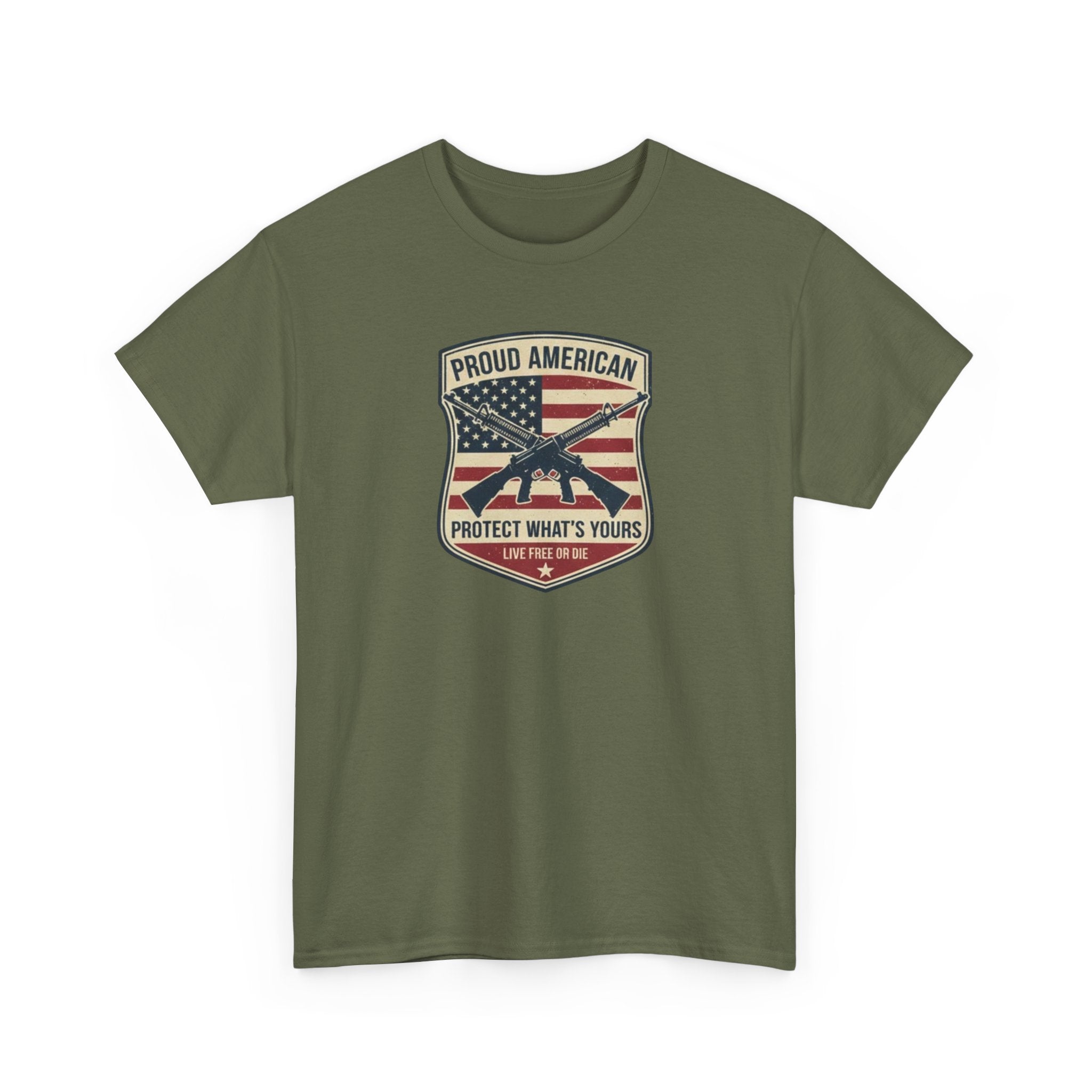 Patriotic Rifle Shield T‑Shirt — "Proud American Protect What’s Yours"
