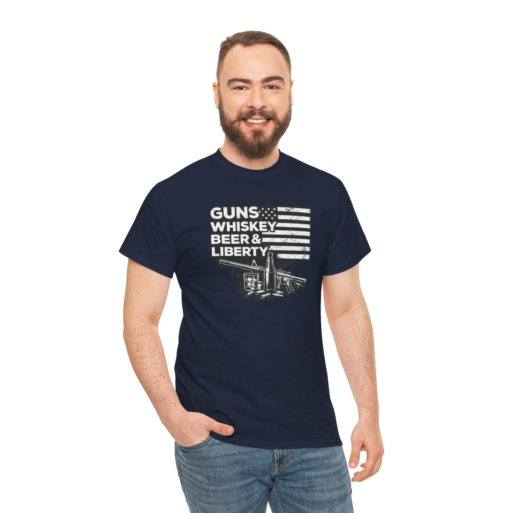 T-Shirt — "Guns, Whiskey, Beer & Liberty" Vintage Americana Design
