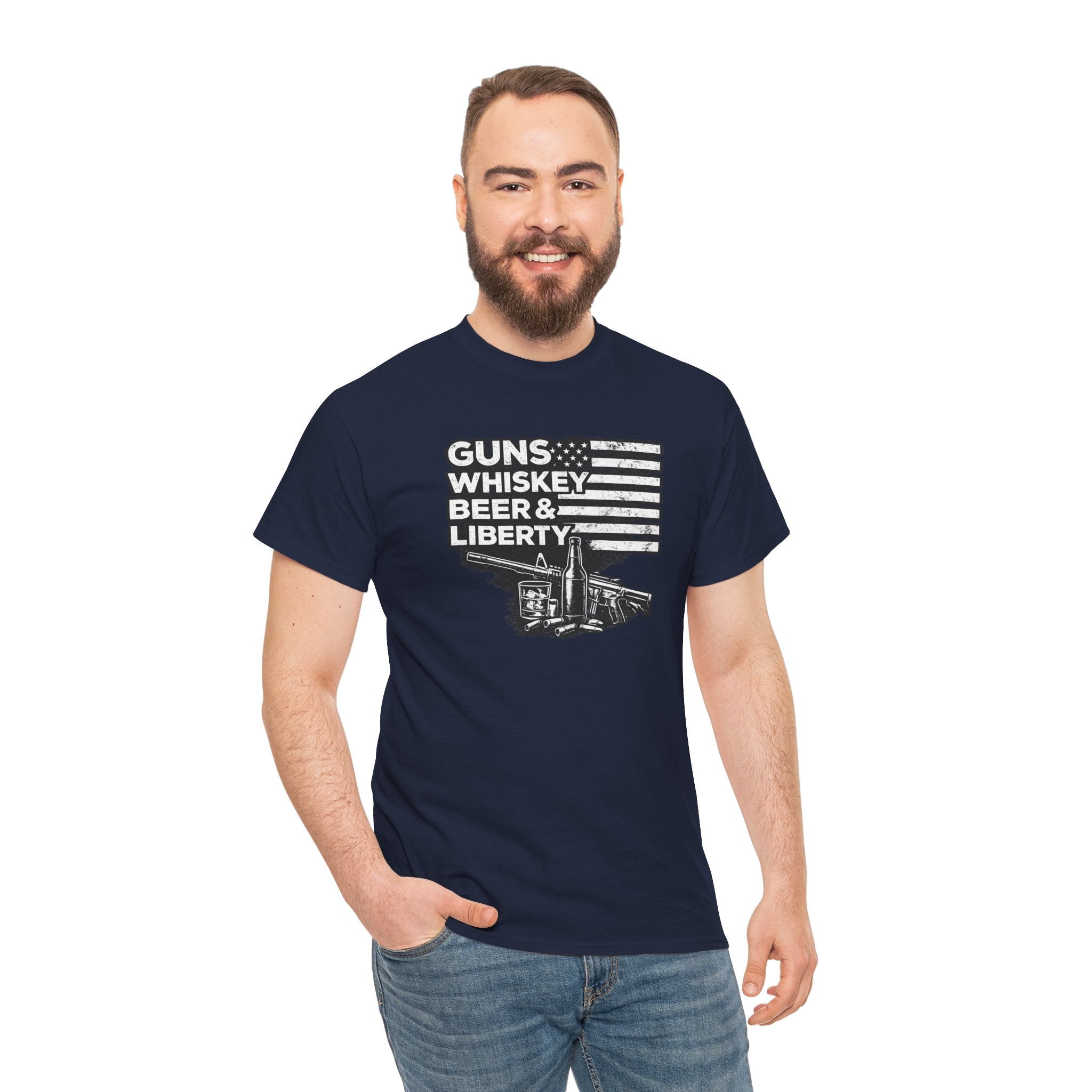 T-Shirt — "Guns, Whiskey, Beer & Liberty" Vintage Americana Design