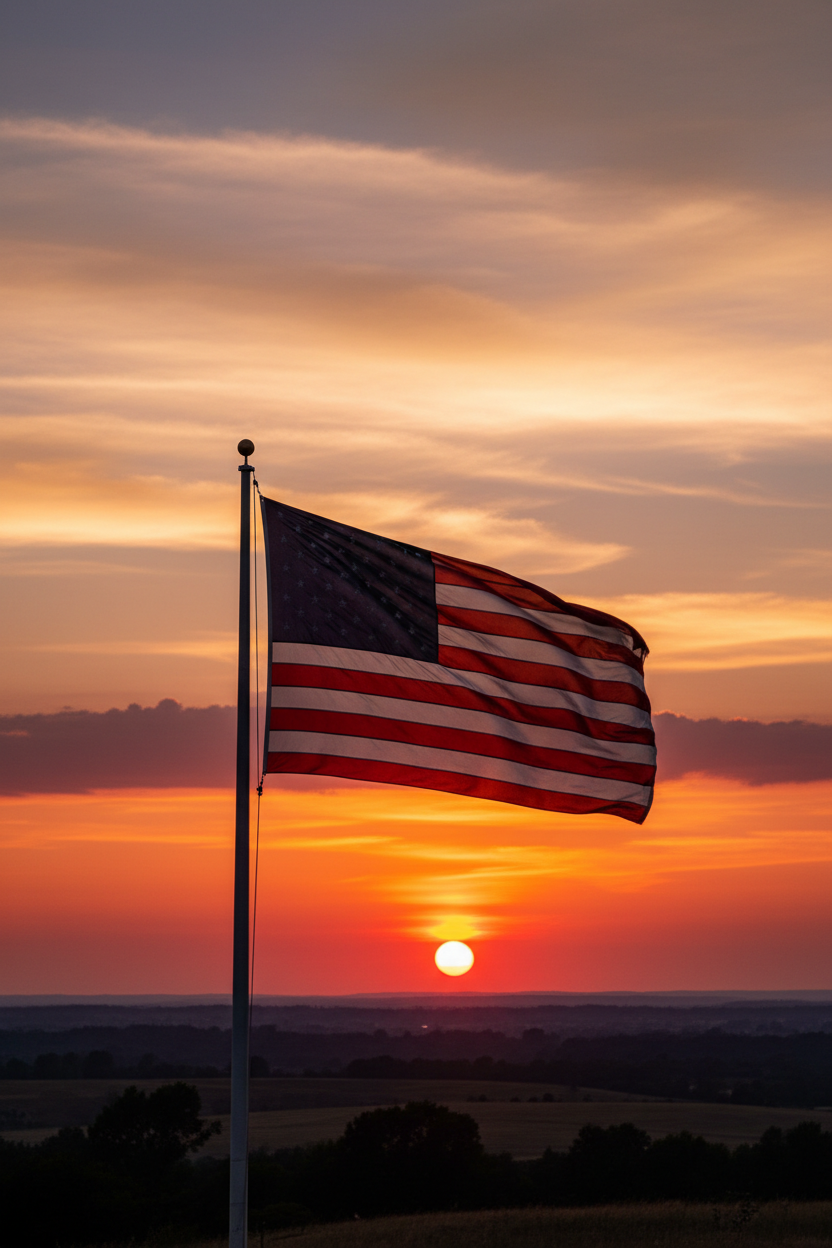 generate an american flag waving in the wind with a sunset behind it and have the flag far back enough that its entirely visible on mobile